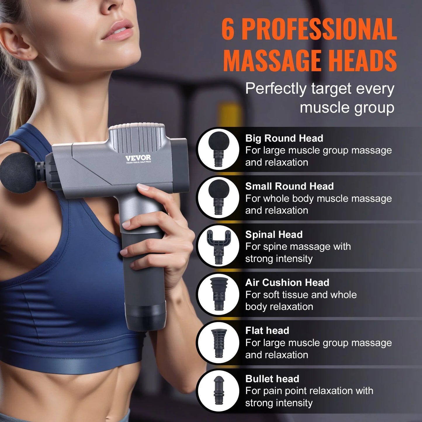 VEVOR Massage Gun Deep Tissue, Percussion Muscle Massager for Athletes - with 8 Speed Levels & 6 Massage Heads, 16V 2500Mah Batteries, Handheld Massage Gun for Pain Relief, Muscle Relaxation